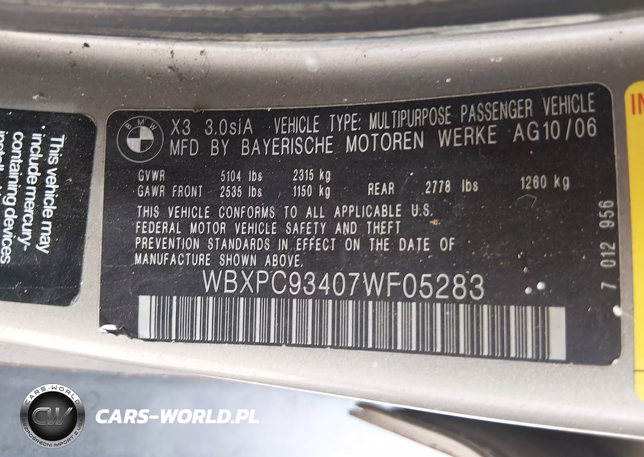 2007 BMW X3 3.0Si VIN:WBXPC93407WF05283 - 9
