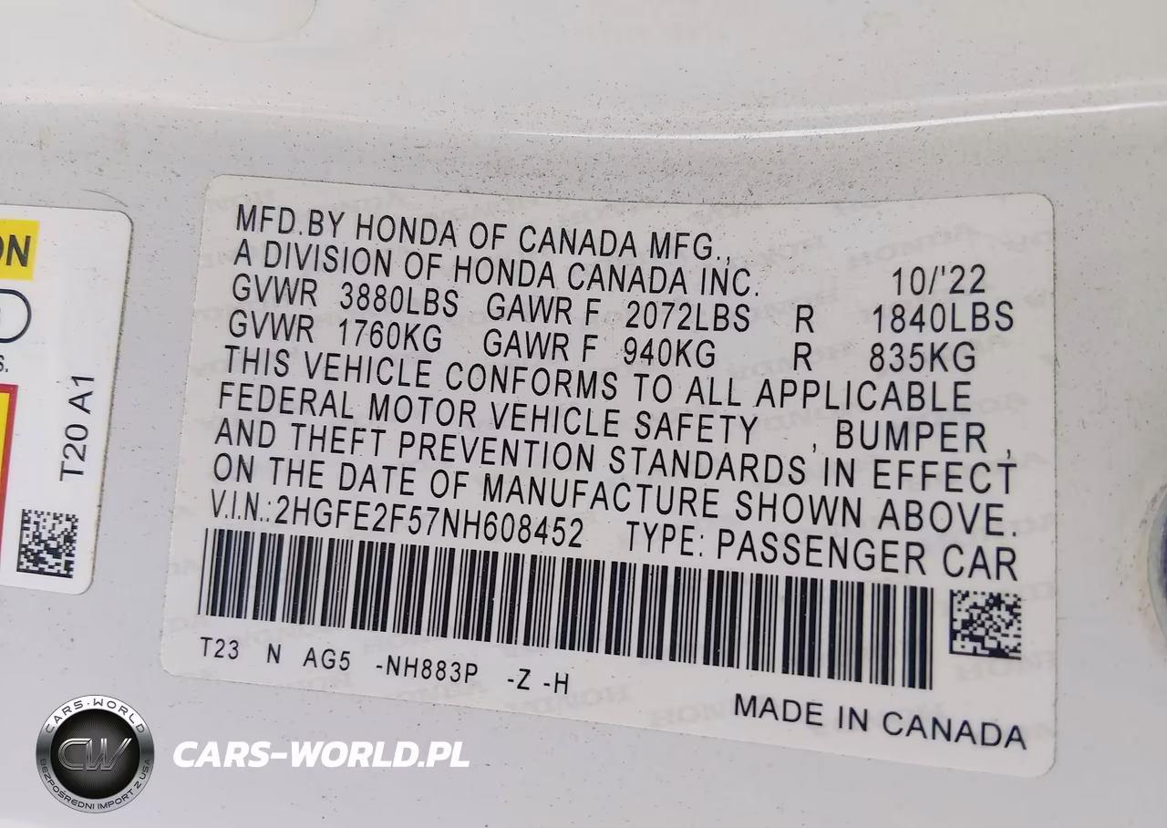 2022 Honda Civic Sport VIN:2HGFE2F57NH608452 - 9