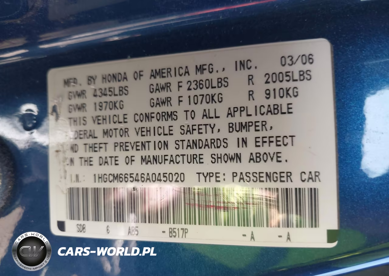 2006 Honda Accord 3.0 Ex VIN:1HGCM66546A045020 - 9