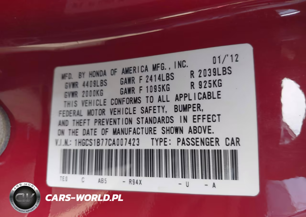 2012 Honda Accord Cpe Ex VIN:1HGCS1B77CA007423 - 9