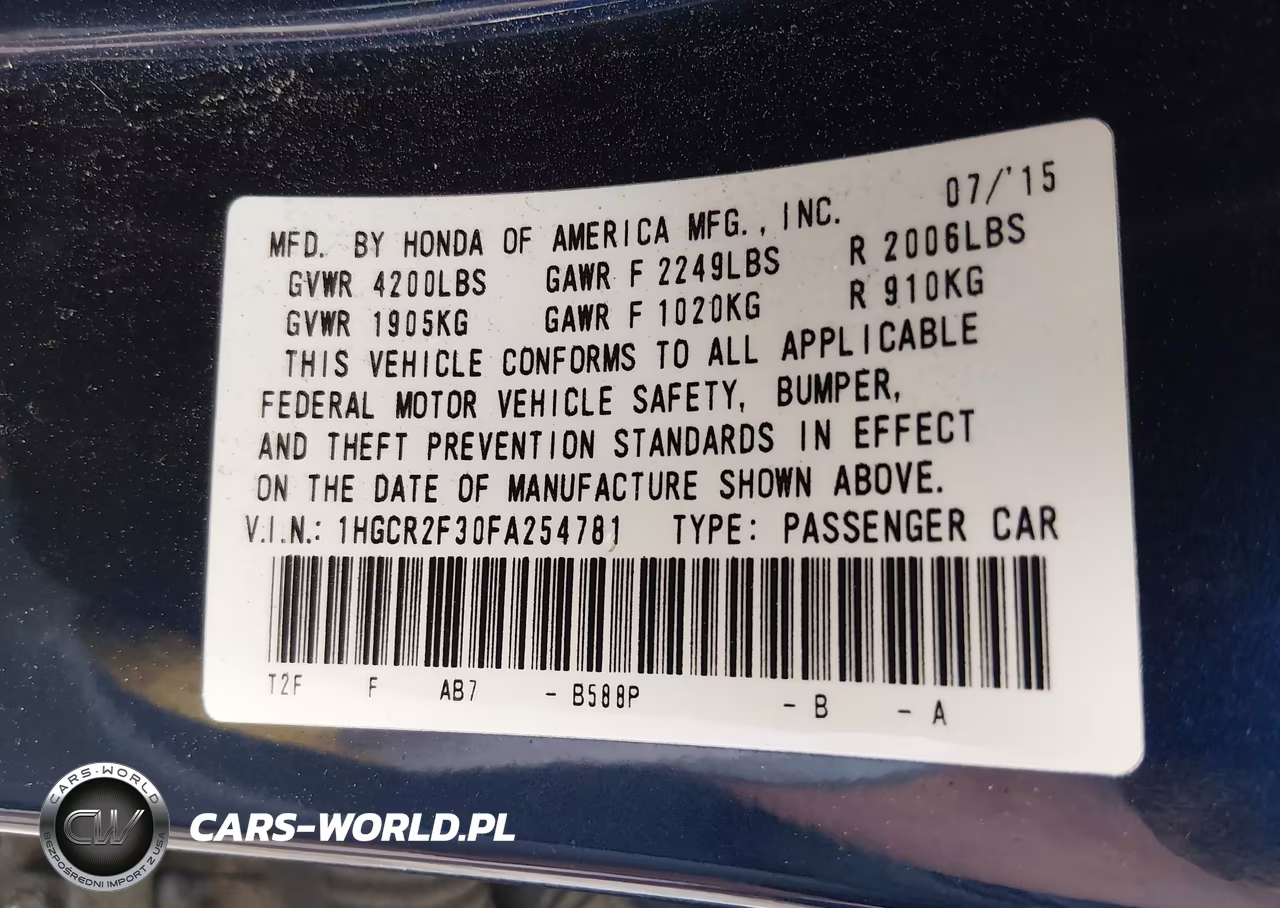 2015 Honda Accord Lx VIN:1HGCR2F30FA254781 - 9