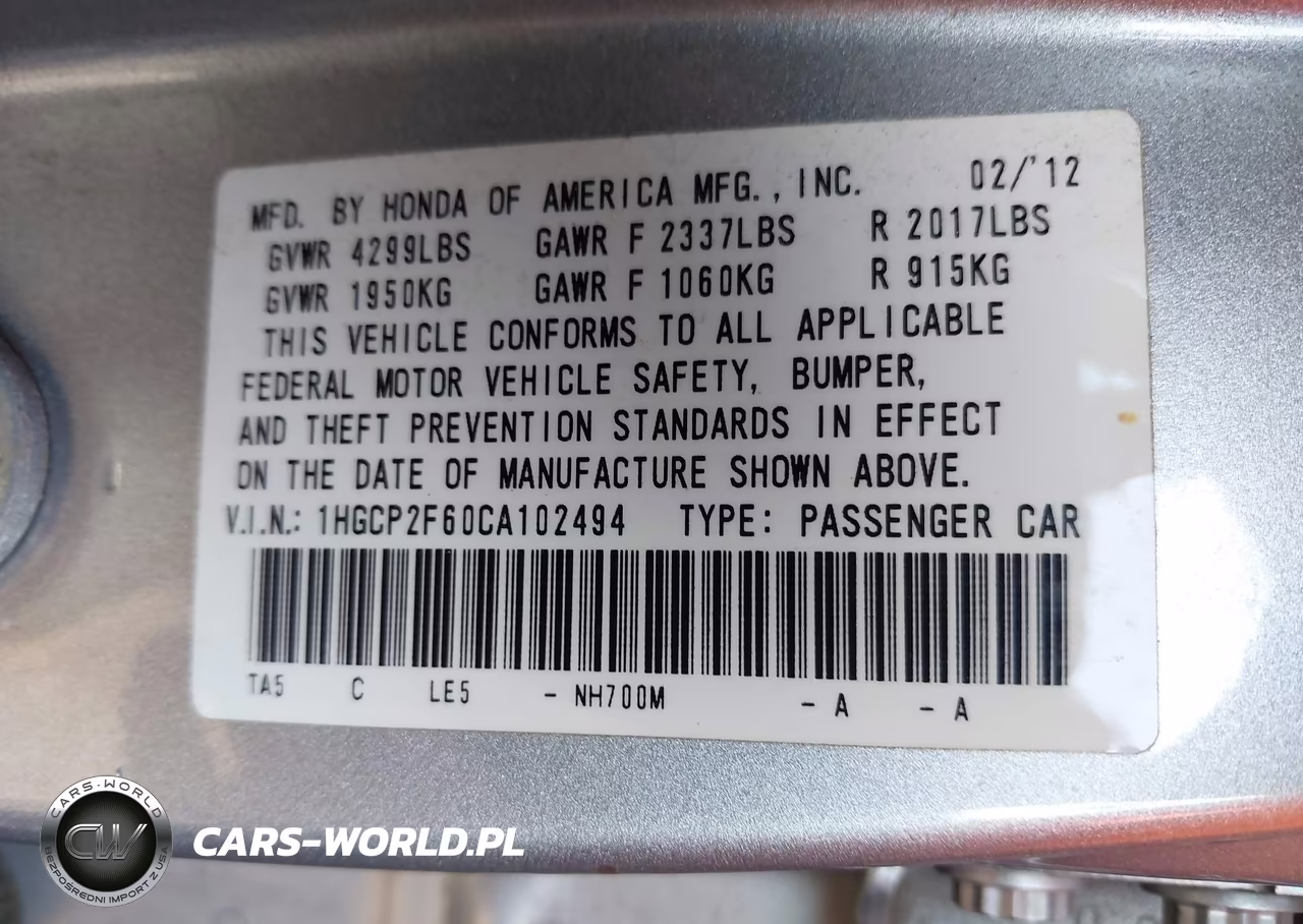 2012 Honda Accord 2.4 Se VIN:1HGCP2F60CA102494 - 9