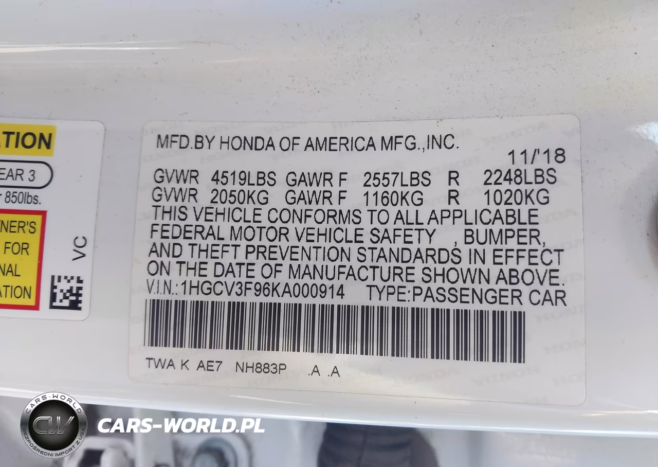 2019 Honda Accord Touring Hybrid VIN:1HGCV3F96KA000914 - 9