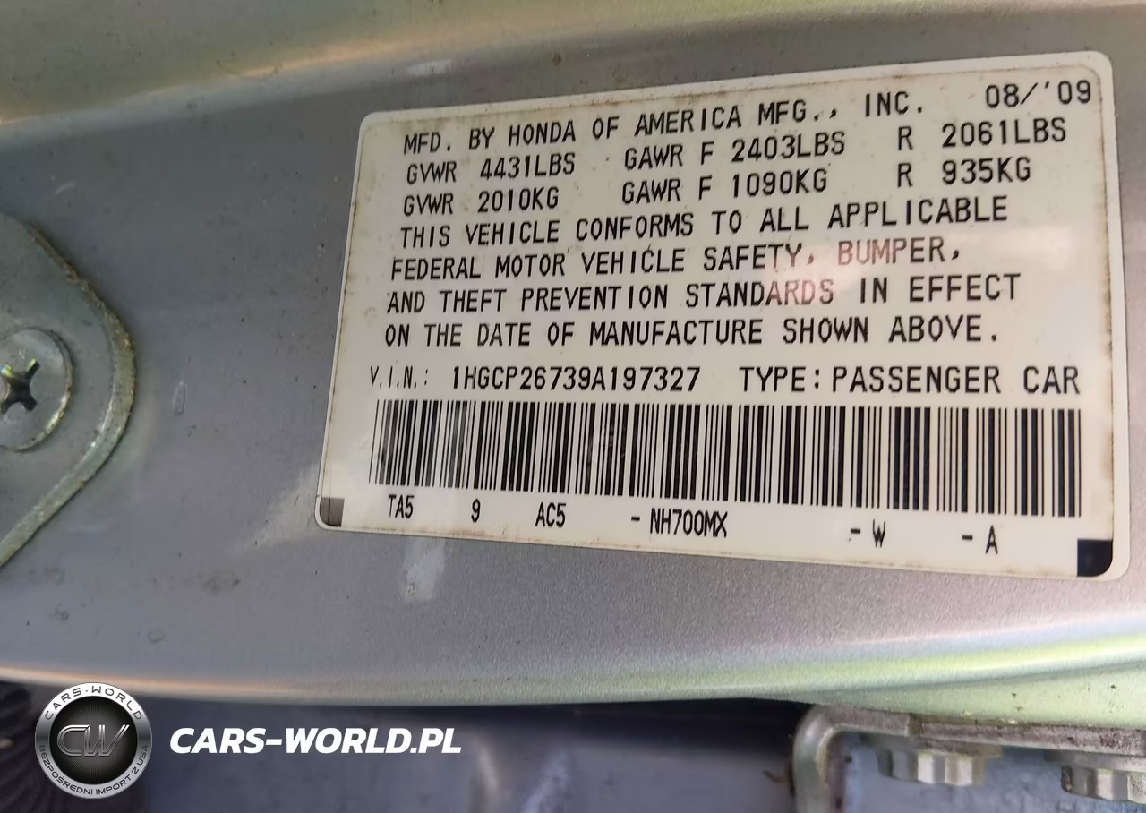 2009 Honda Accord 2.4 Ex VIN:1HGCP26739A197327 - 9