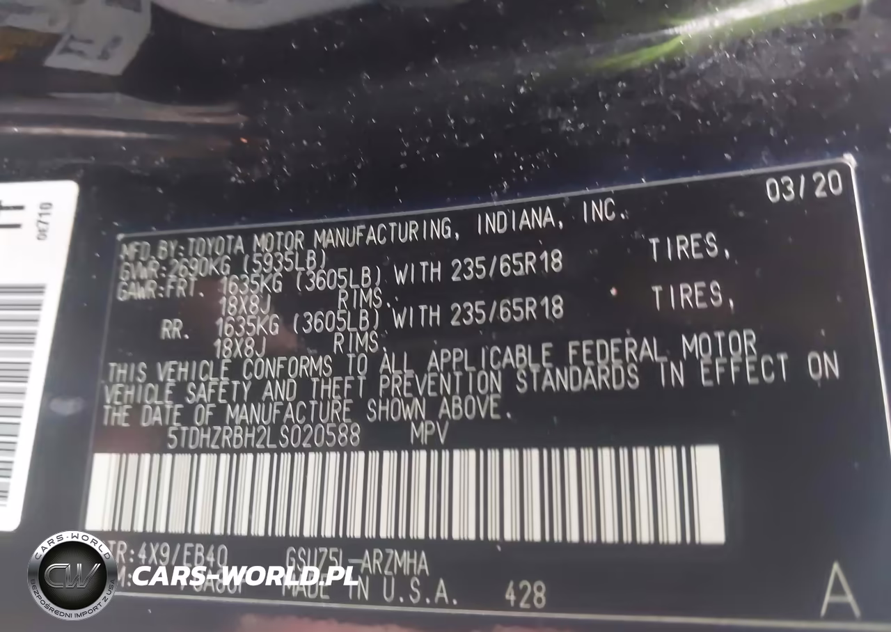 2020 Toyota Highlander Xle VIN:5TDHZRBH2LS020588 - 9