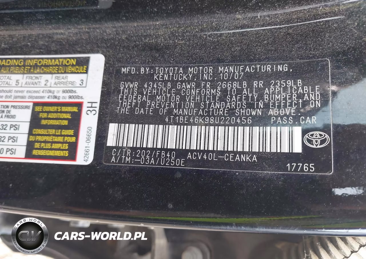 2008 Toyota Camry Le VIN:4T1BE46K98U220456 - 9