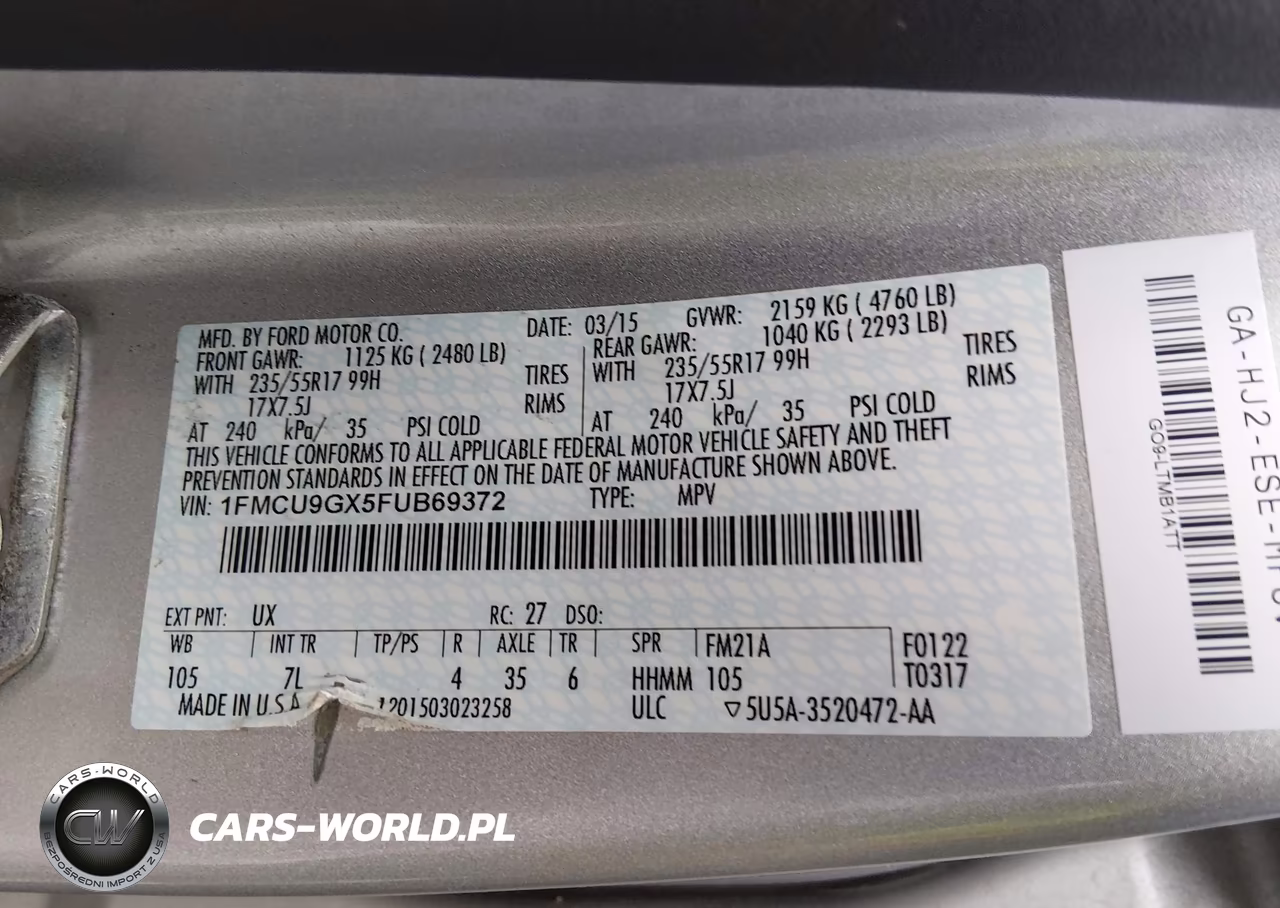 2015 Ford Escape Se VIN:1FMCU9GX5FUB69372 - 9