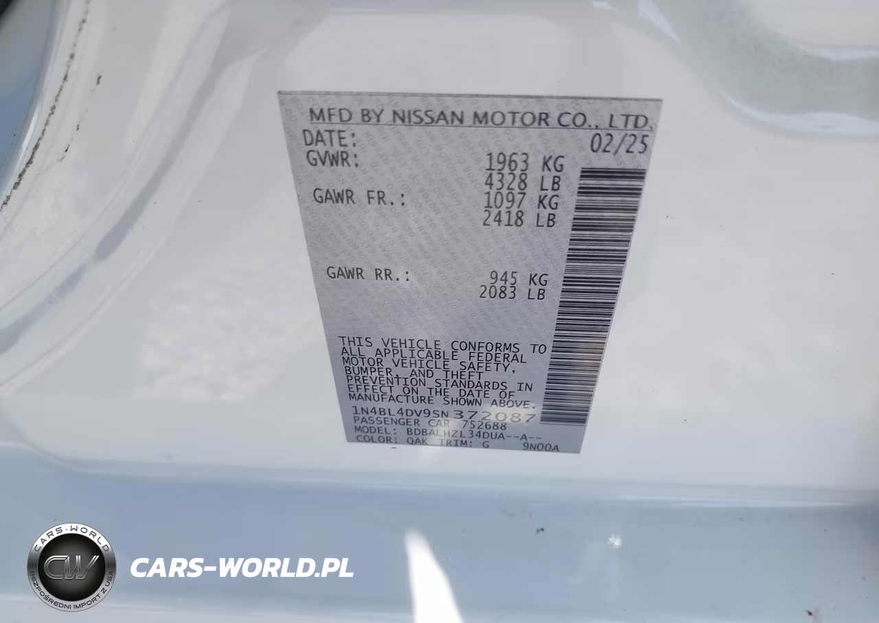2025 Nissan Altima Sv Fwd VIN:1N4BL4DV9SN372087 - 9