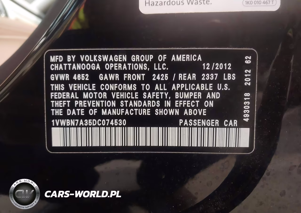 2013 Volkswagen Passat 2.0L Tdi Se VIN:1VWBN7A35DC074530 - 9