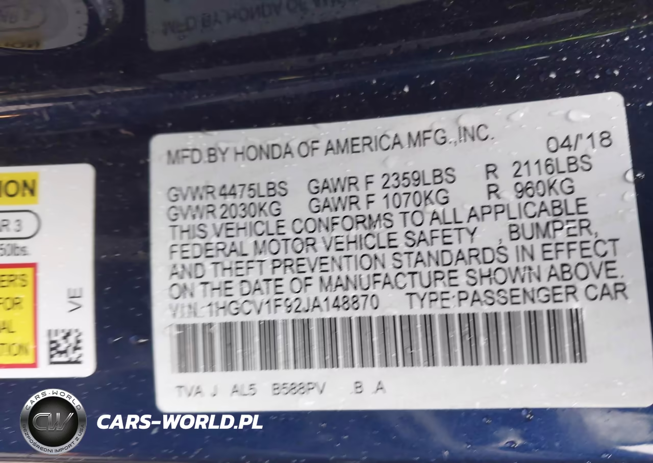 2018 Honda Accord Touring VIN:1HGCV1F92JA148870 - 9