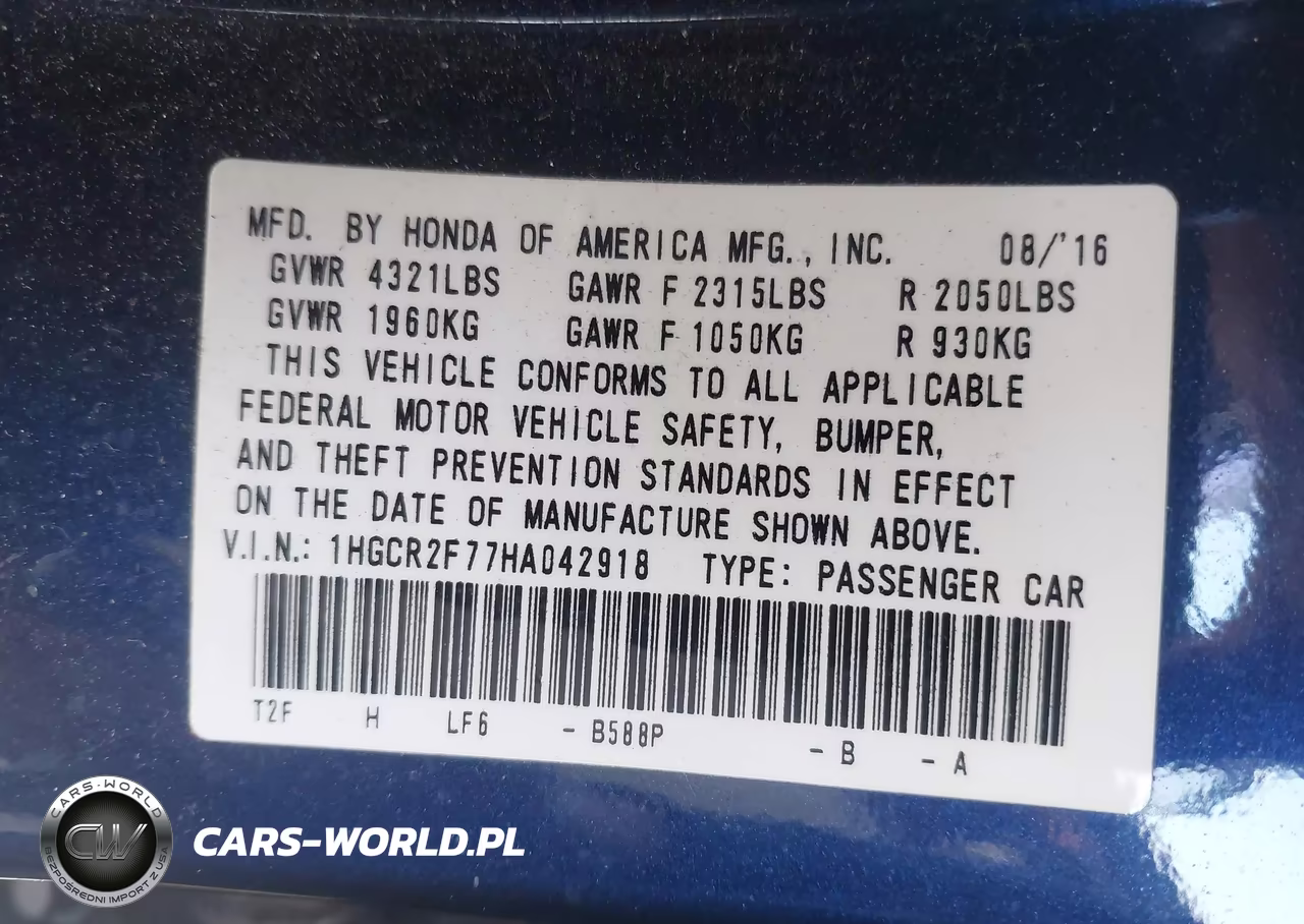 2017 Honda Accord Ex VIN:1HGCR2F77HA042918 - 9