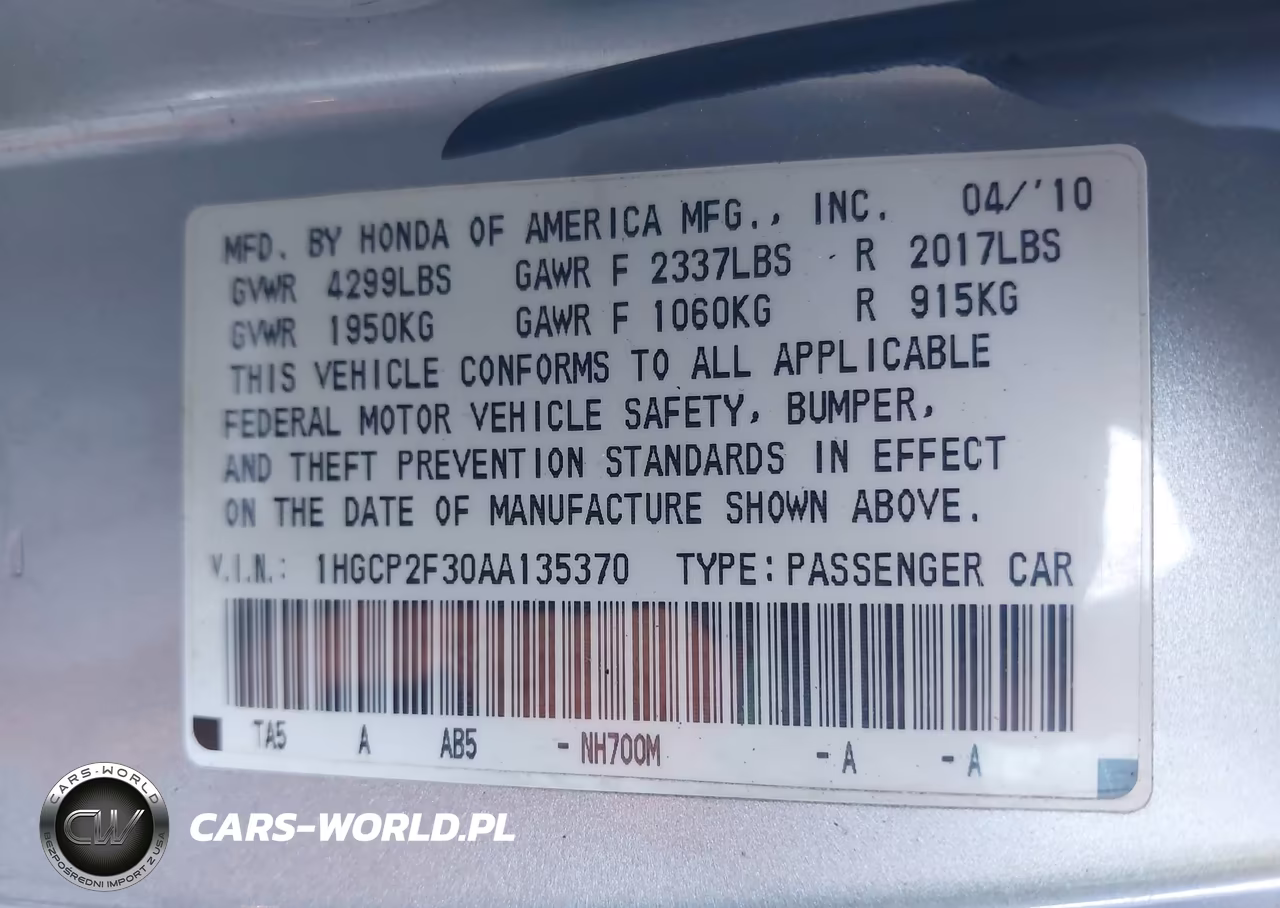 2010 Honda Accord 2.4 Lx VIN:1HGCP2F30AA135370 - 9