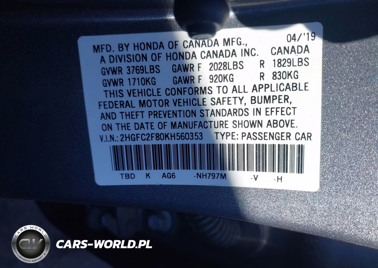 2019 Honda Civic Sport VIN:2HGFC2F80KH560353 - 9
