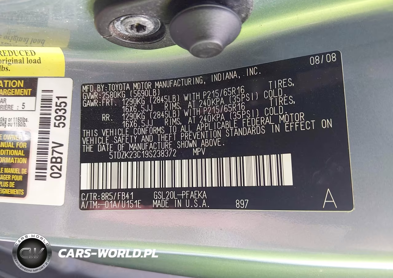 2009 Toyota Sienna Ce VIN:5TDZK23C19S238372 - 9
