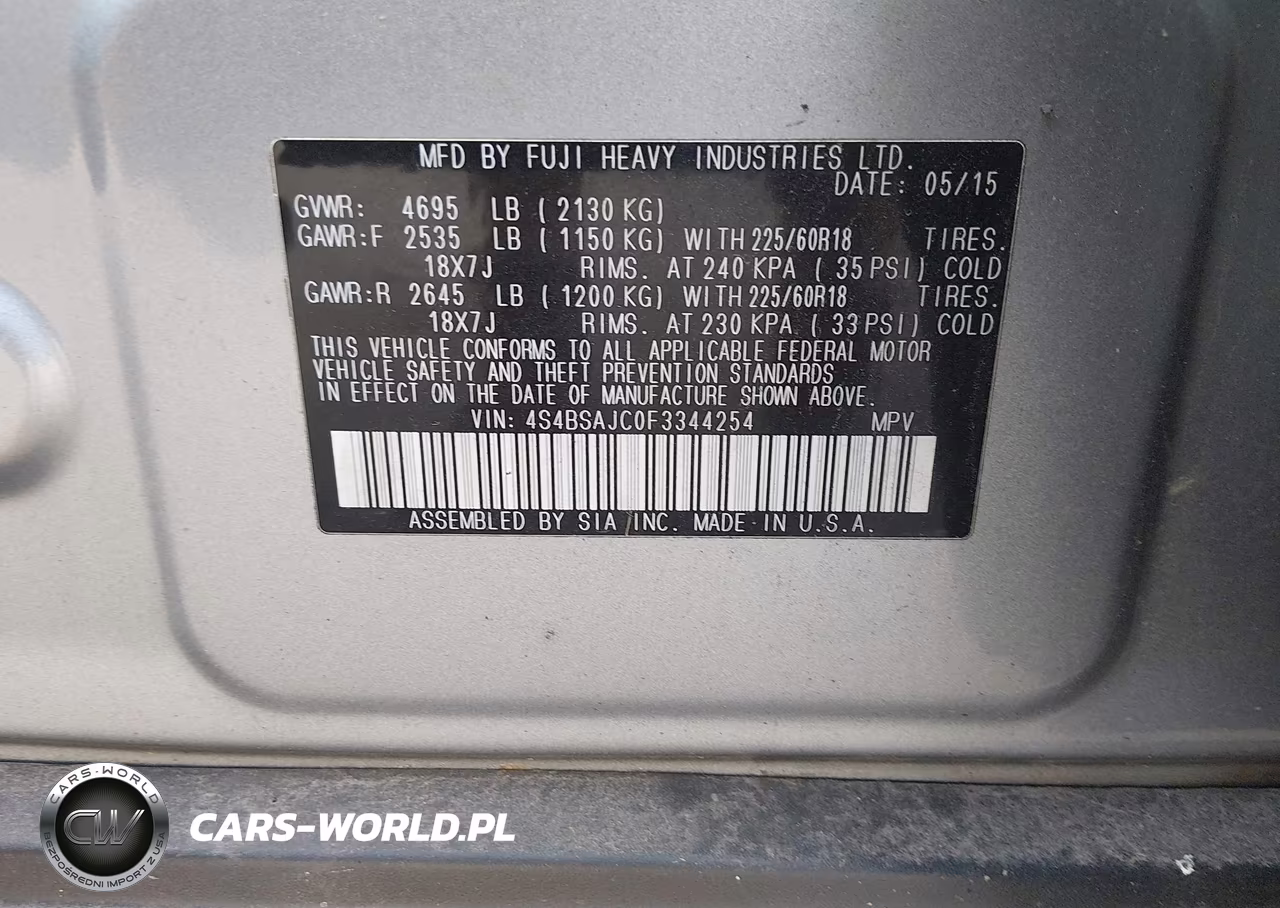 2015 Subaru Outback 2.5I Limited VIN:4S4BSAJC0F3344254 - 9