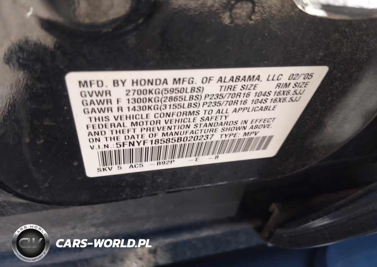 2005 Honda Pilot Ex-L VIN:5FNYF18585B020237 - 9