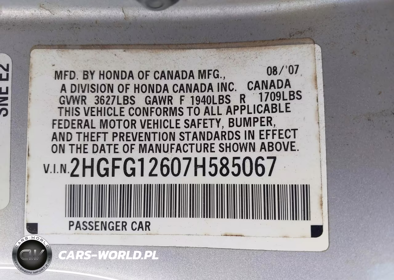 2007 Honda Civic Lx VIN:2HGFG12607H585067 - 9