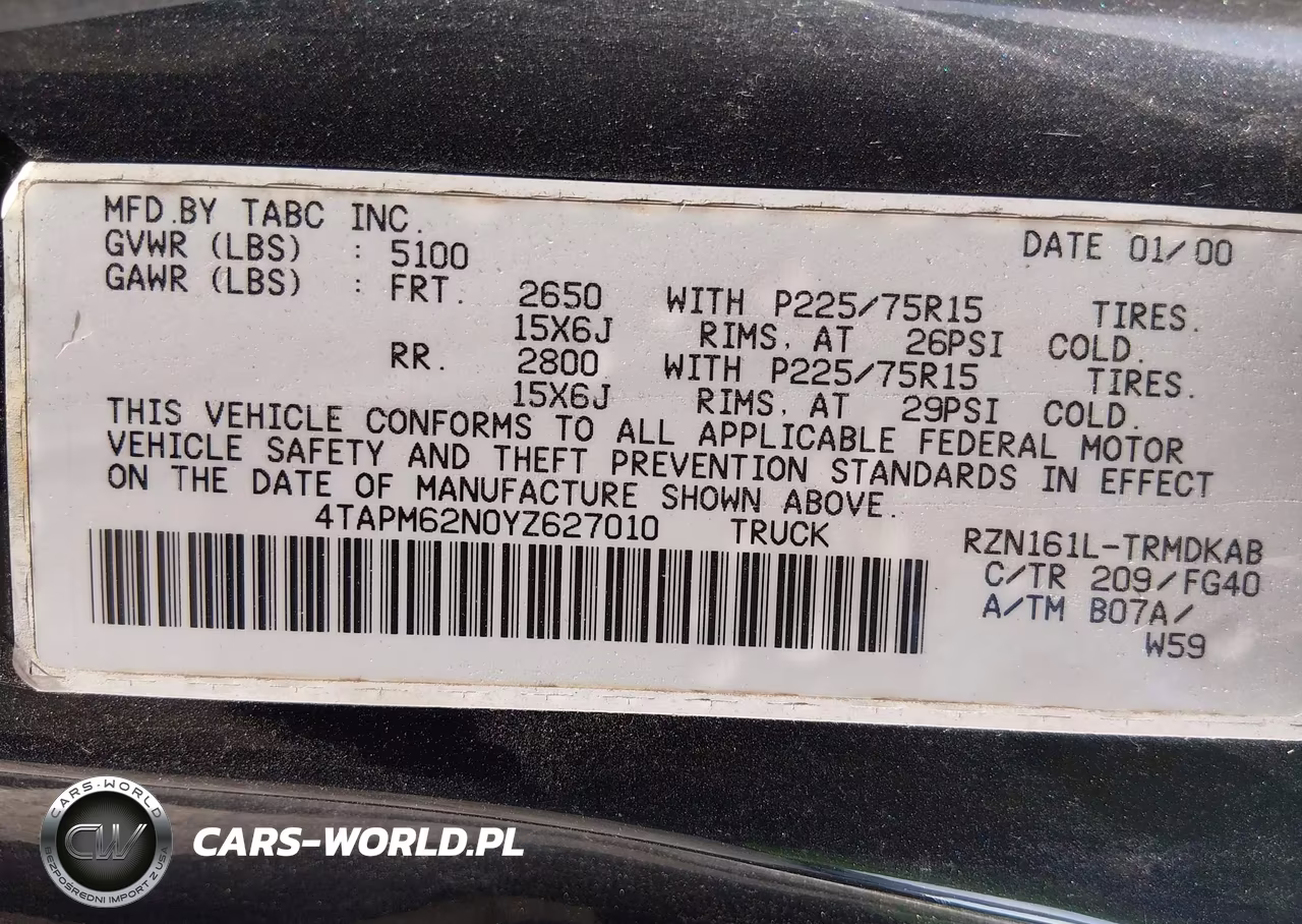 2000 Toyota Tacoma VIN:4TAPM62N0YZ627010 - 9