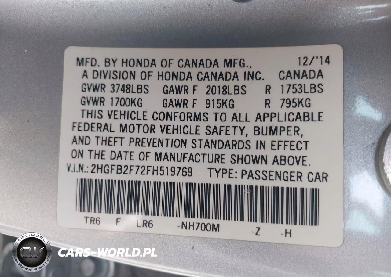 2015 Honda Civic Se VIN:2HGFB2F72FH519769 - 9