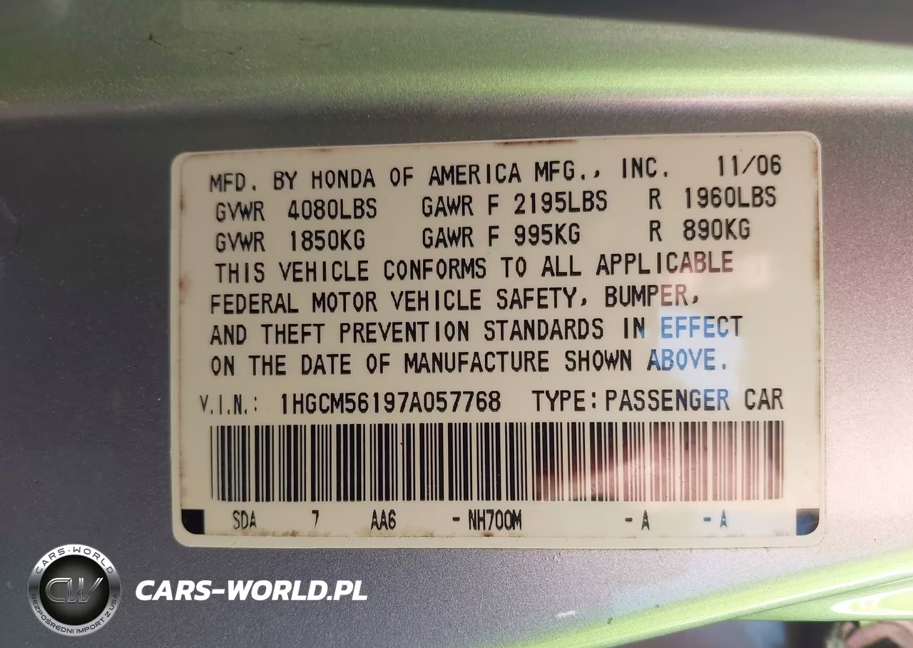2007 Honda Accord 2.4 Vp VIN:1HGCM56197A057768 - 9