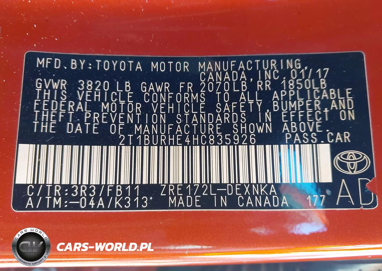 TOYOTA COROLLA L VIN:2T1BURHE4HC835926 - 9