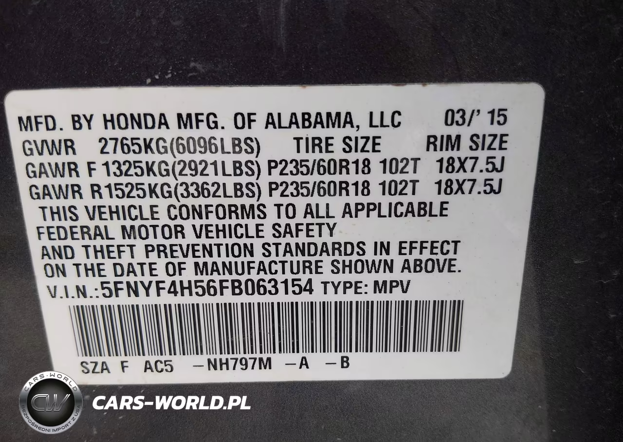 2015 Honda Pilot Ex-L VIN:5FNYF4H56FB063154 - 9