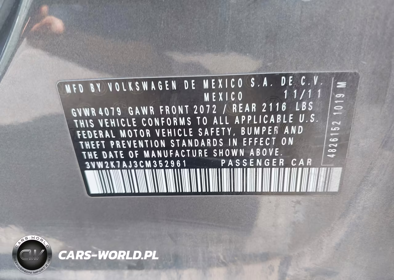 2012 Volkswagen Jetta 2.0L S VIN:3VW2K7AJ3CM352961 - 9