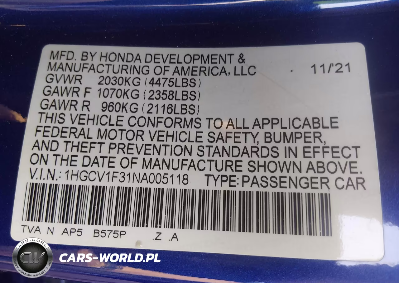 2022 Honda Accord Sport VIN:1HGCV1F31NA005118 - 9