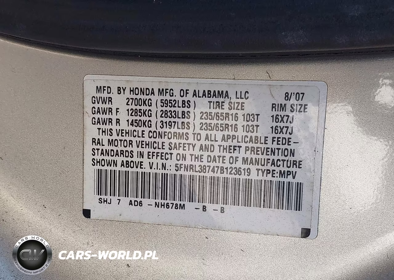 2007 Honda Odyssey Ex-L VIN:5FNRL38747B123619 - 9