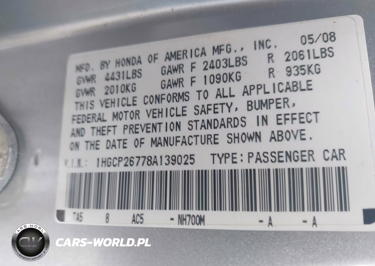 2008 Honda Accord 2.4 Ex VIN:1HGCP26778A139025 - 9