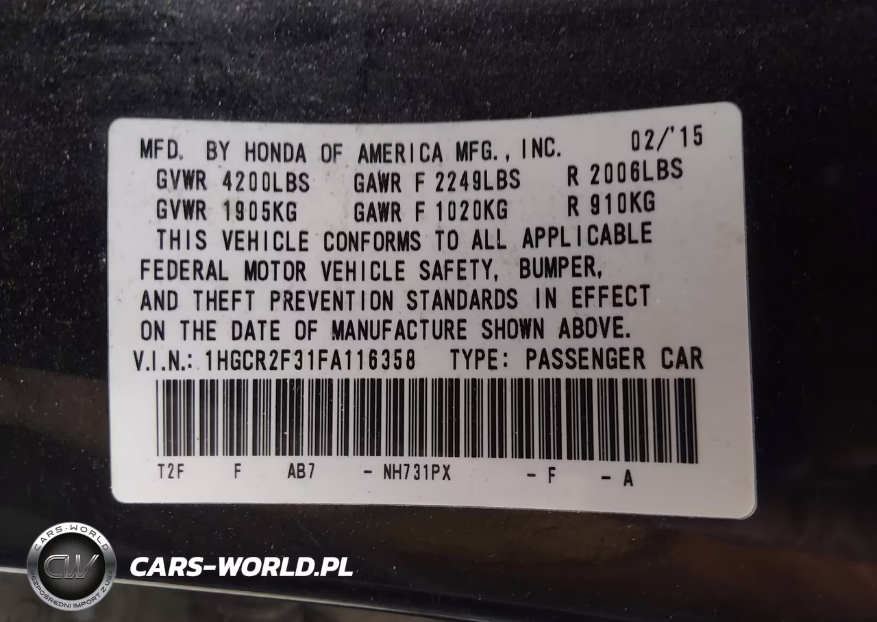 2015 Honda Accord Lx VIN:1HGCR2F31FA116358 - 9