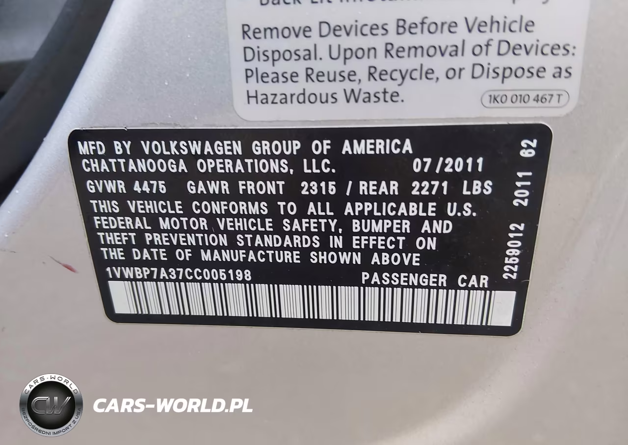 2012 Volkswagen Passat 2.5L Se VIN:1VWBP7A37CC005198 - 9