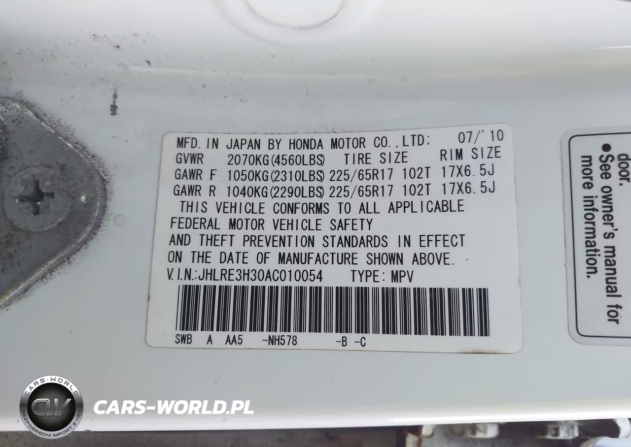 2010 Honda Cr-V Lx VIN:JHLRE3H30AC010054 - 9