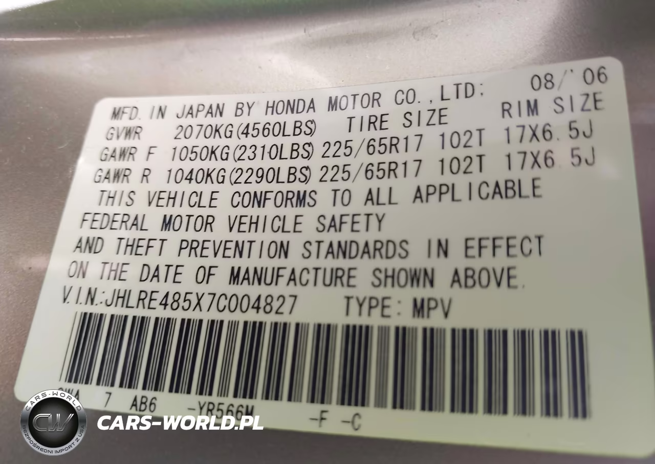 2007 Honda Cr-V Ex VIN:JHLRE485X7C004827 - 9