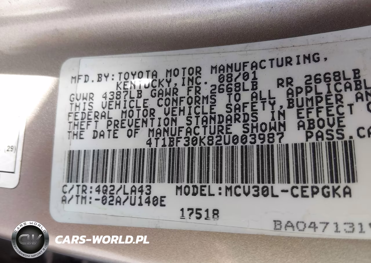 2002 Toyota Camry Xle V6 VIN:4T1BF30K82U003987 - 9