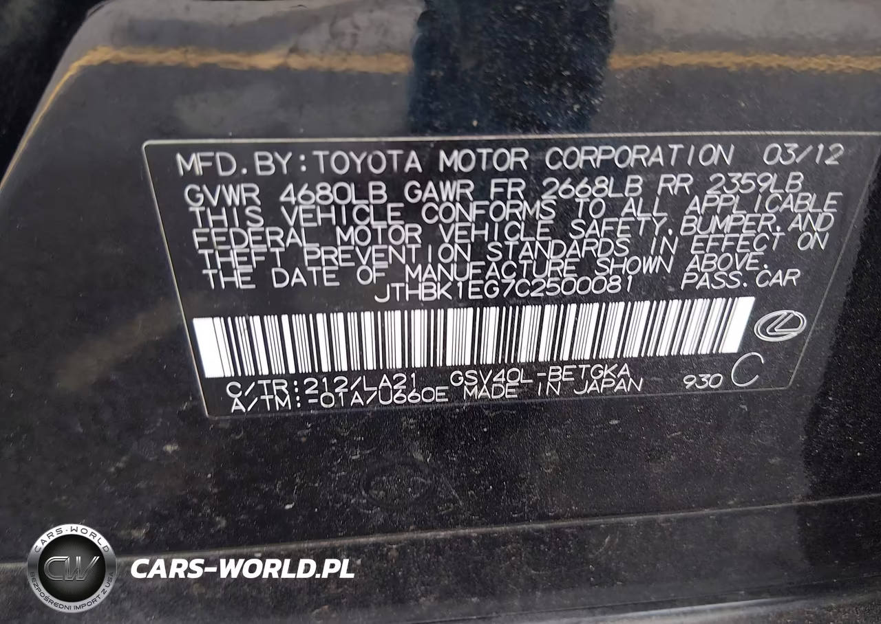 2012 Lexus Es 350 VIN:JTHBK1EG7C2500081 - 9