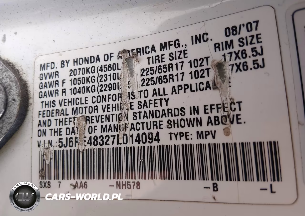 2007 Honda Cr-V Lx VIN:5J6RE48327L014094 - 9
