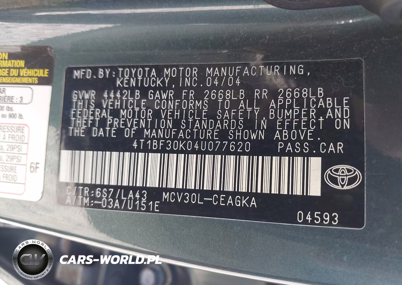 2004 Toyota Camry Xle V6 VIN:4T1BF30K04U077620 - 9