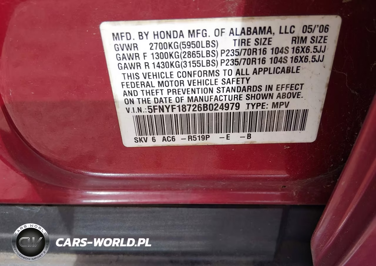 2006 Honda Pilot Ex-L VIN:5FNYF18726B024979 - 9