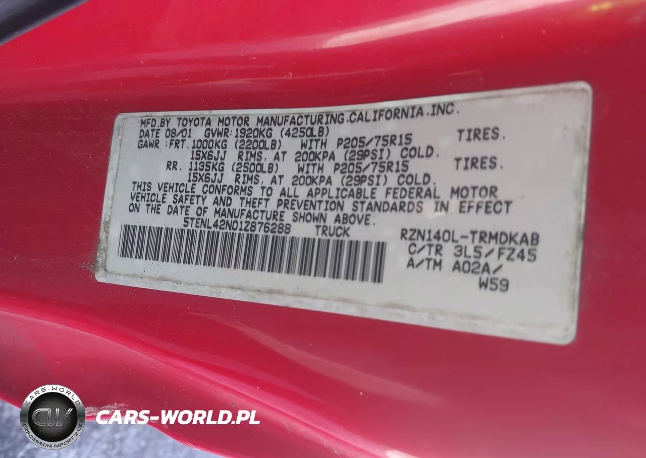 2001 Toyota Tacoma VIN:5TENL42N01Z876288 - 9