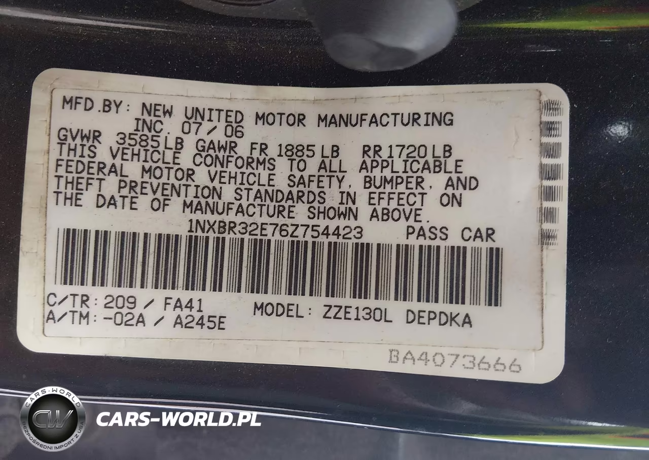 2006 Toyota Corolla Ce VIN:1NXBR32E76Z754423 - 9