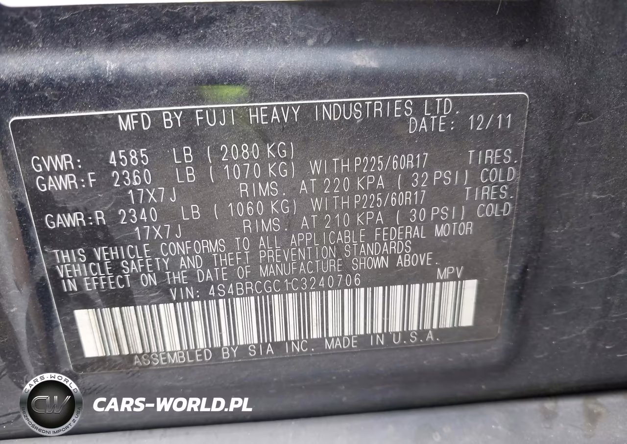 2012 Subaru Outback 2.5I Premium VIN:4S4BRCGC1C3240706 - 9