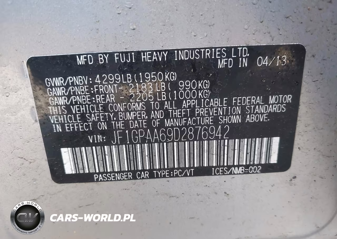 2013 Subaru Impreza 2.0I VIN:JF1GPAA69D2876942 - 9