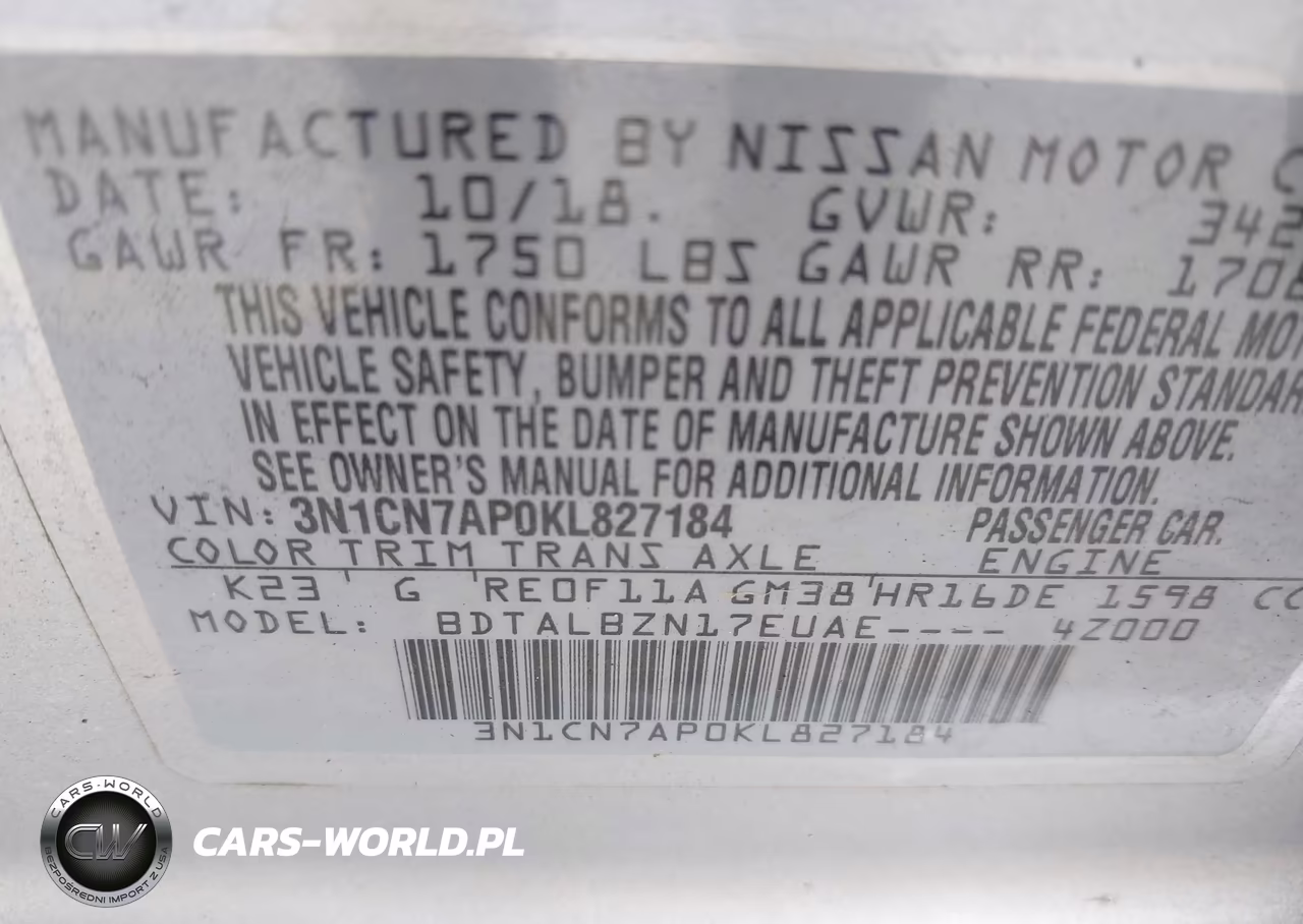 2019 Nissan Versa 1.6 Sv VIN:3N1CN7AP0KL827184 - 9