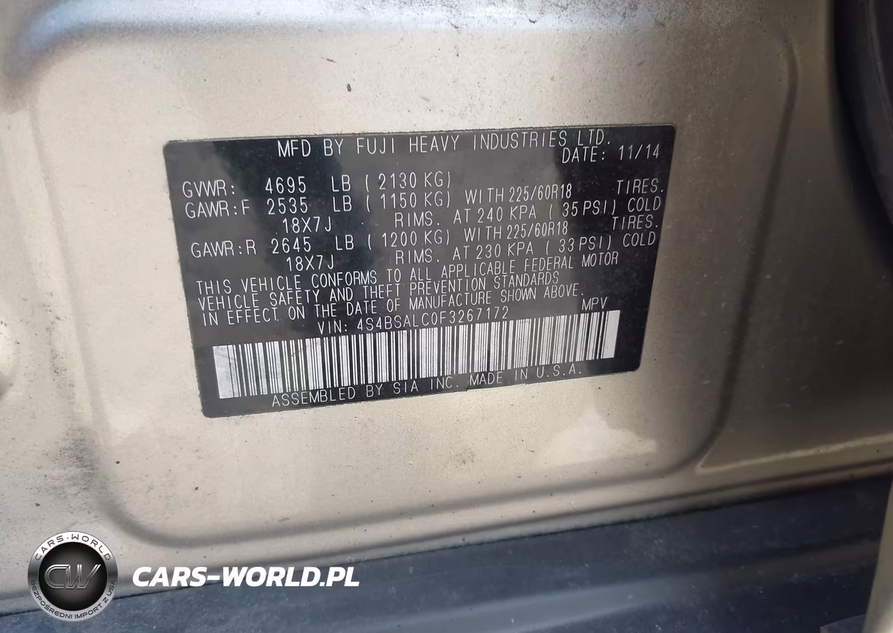 2015 Subaru Outback 2.5I Limited VIN:4S4BSALC0F3267172 - 9