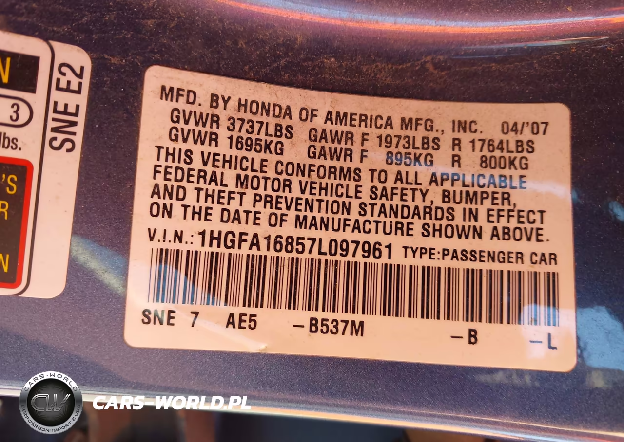 2007 Honda Civic Sdn Ex VIN:1HGFA16857L097961 - 9