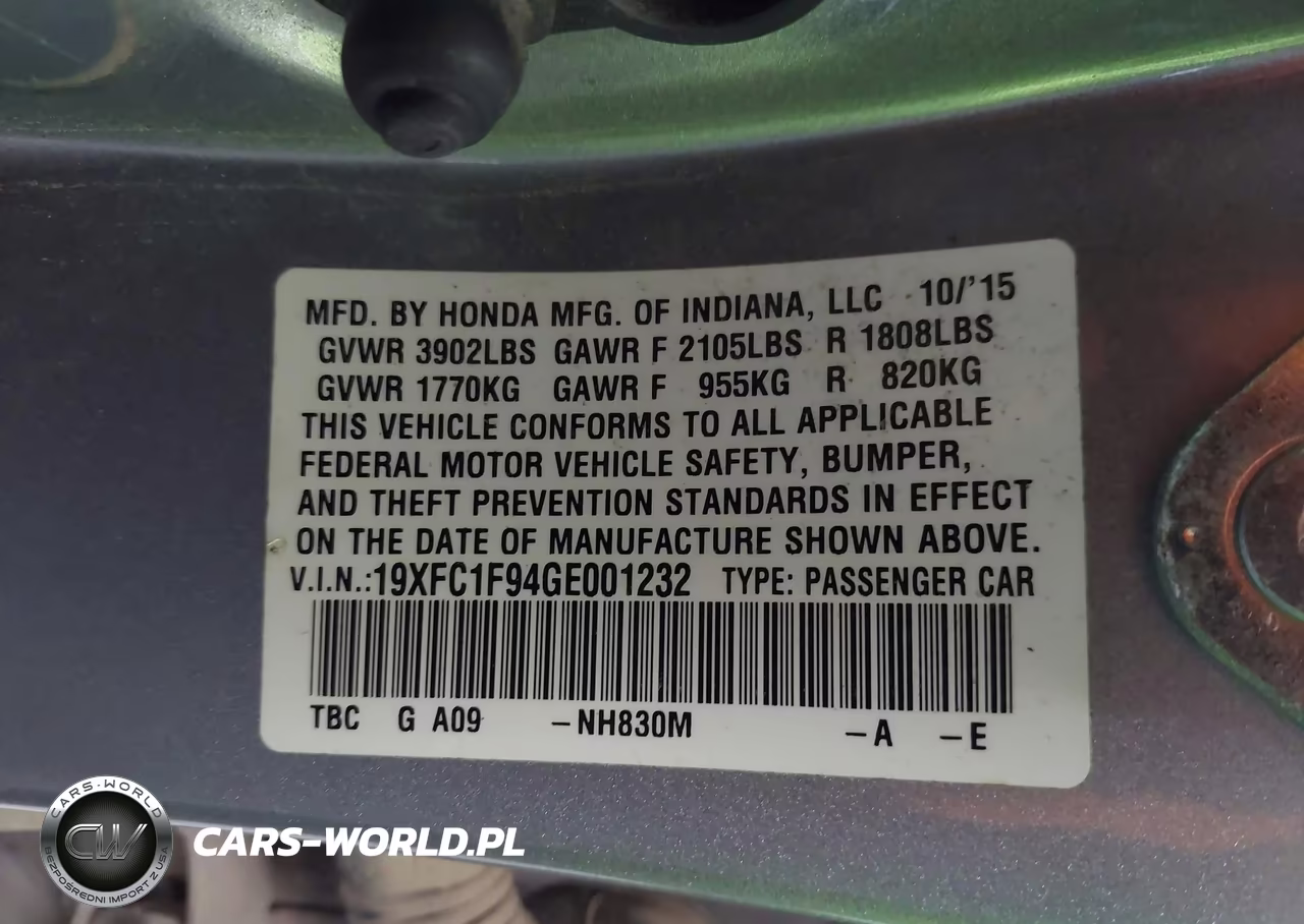 2016 Honda Civic Touring VIN:19XFC1F94GE001232 - 9