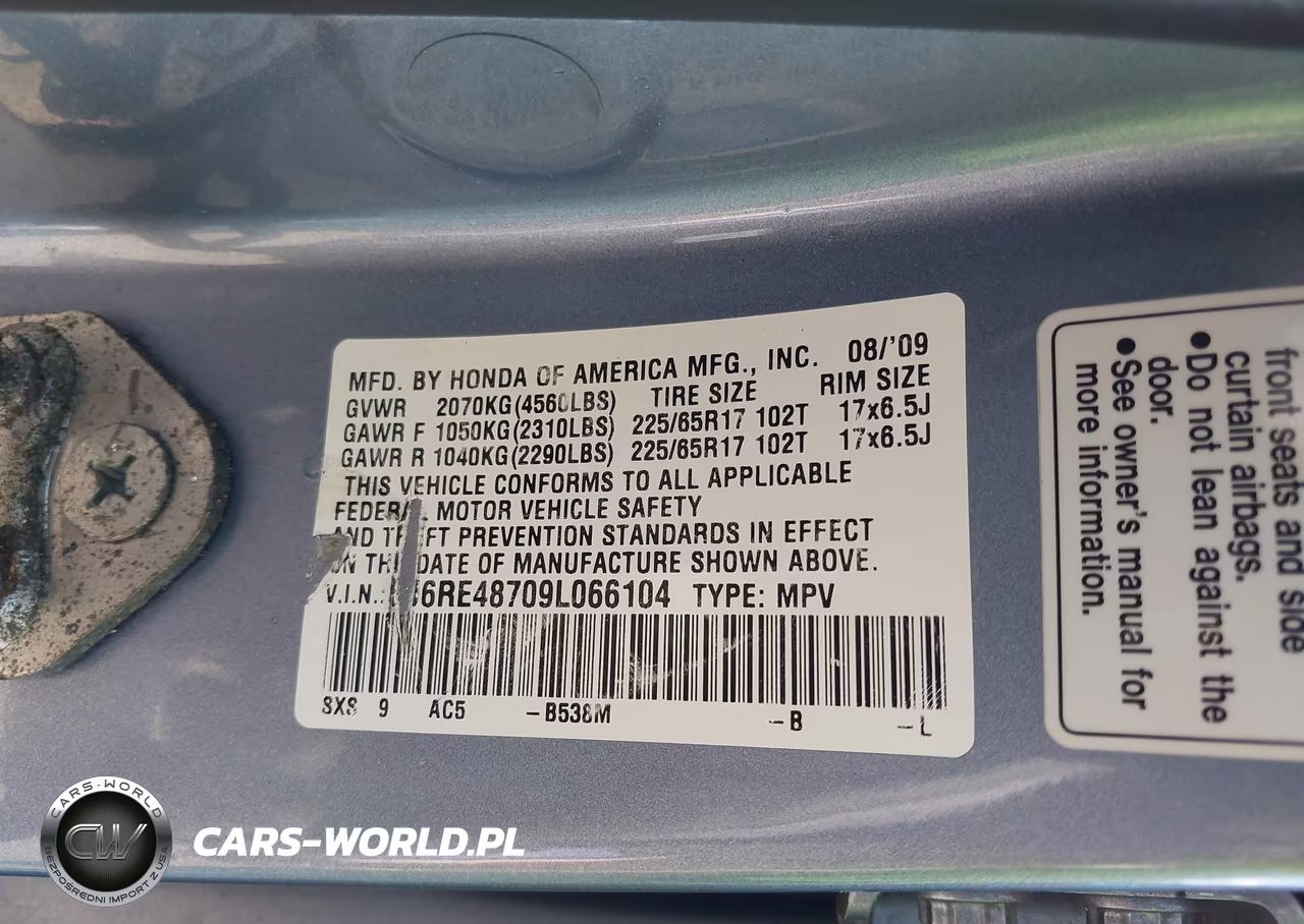 2009 Honda Cr-V Ex-L VIN:5J6RE48709L066104 - 9