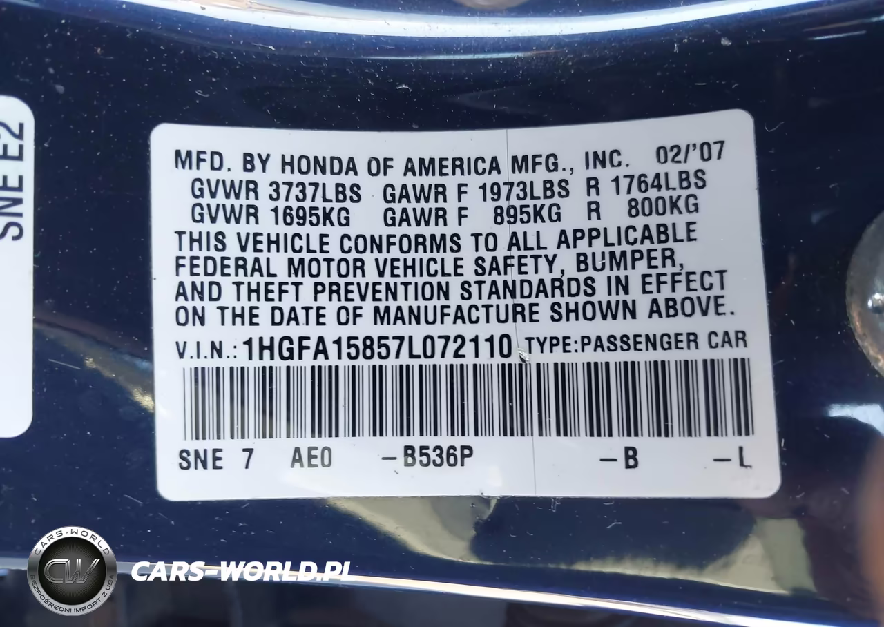 2007 Honda Civic Ex VIN:1HGFA15857L072110 - 9