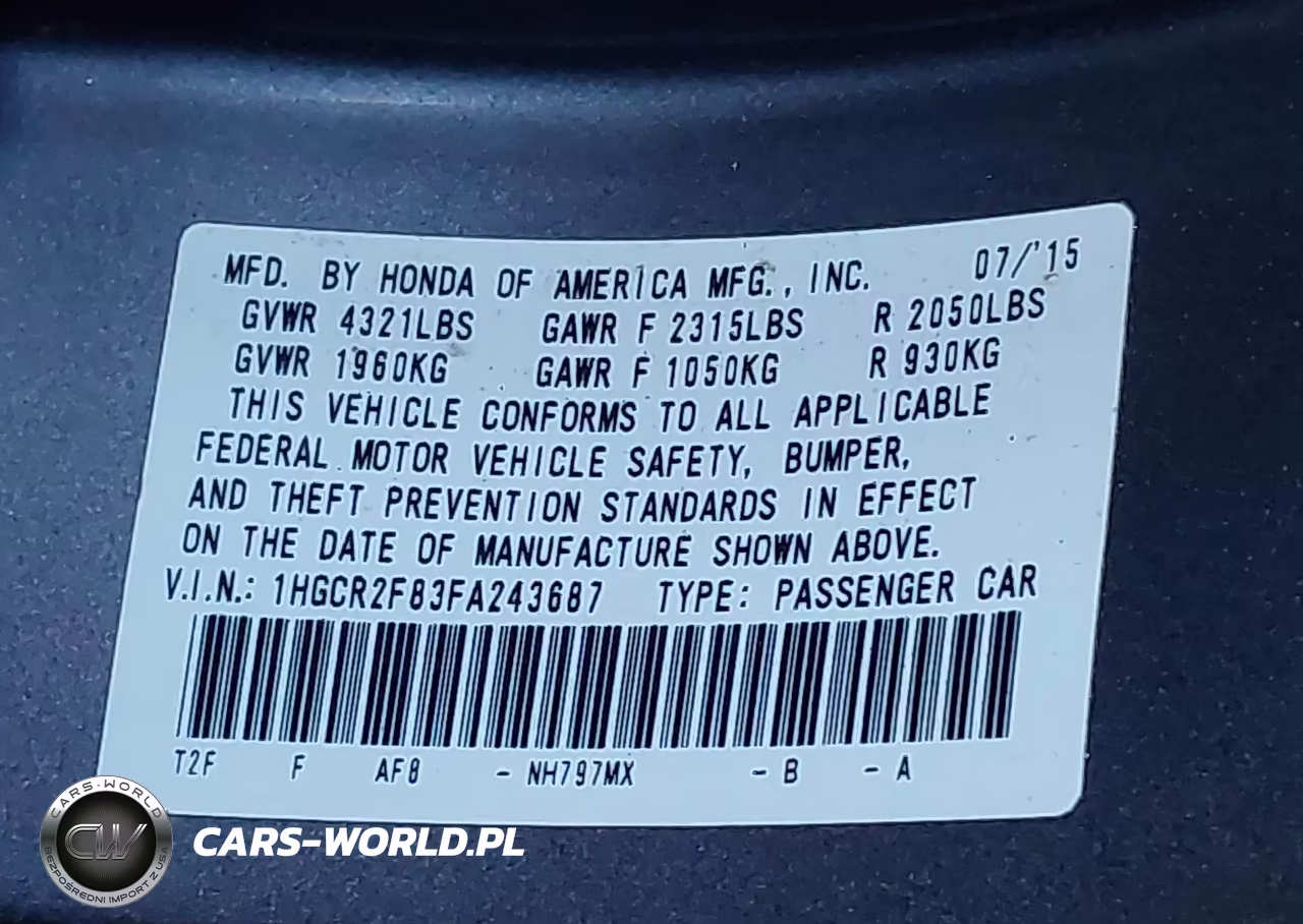 2015 Honda Accord Ex-L VIN:1HGCR2F83FA243687 - 9